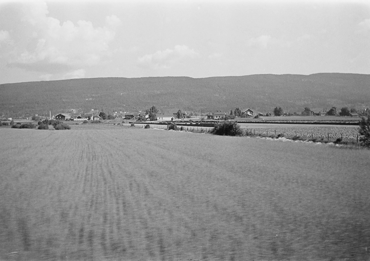 Landskap med åkere og bebyggelse. Antatt ved Ytterkollen,  Drammen. Fotografert 1940.