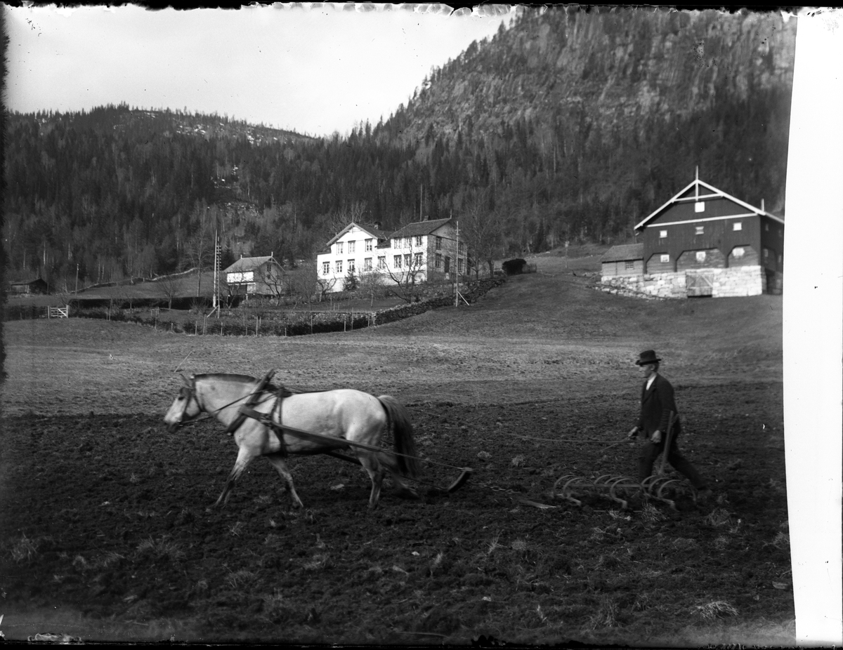 Fotosamling etter Bendik Ketilson Taraldlien (1863-1951) Fyresdal. Gårdbruker, fotograf og skogbruksmann. Fotosamlingen etter fotograf Taraldlien dokumenterer områdene Fyresdal og omegn. 
Motiv med hest og pløying fra våronn på Taraldlien.