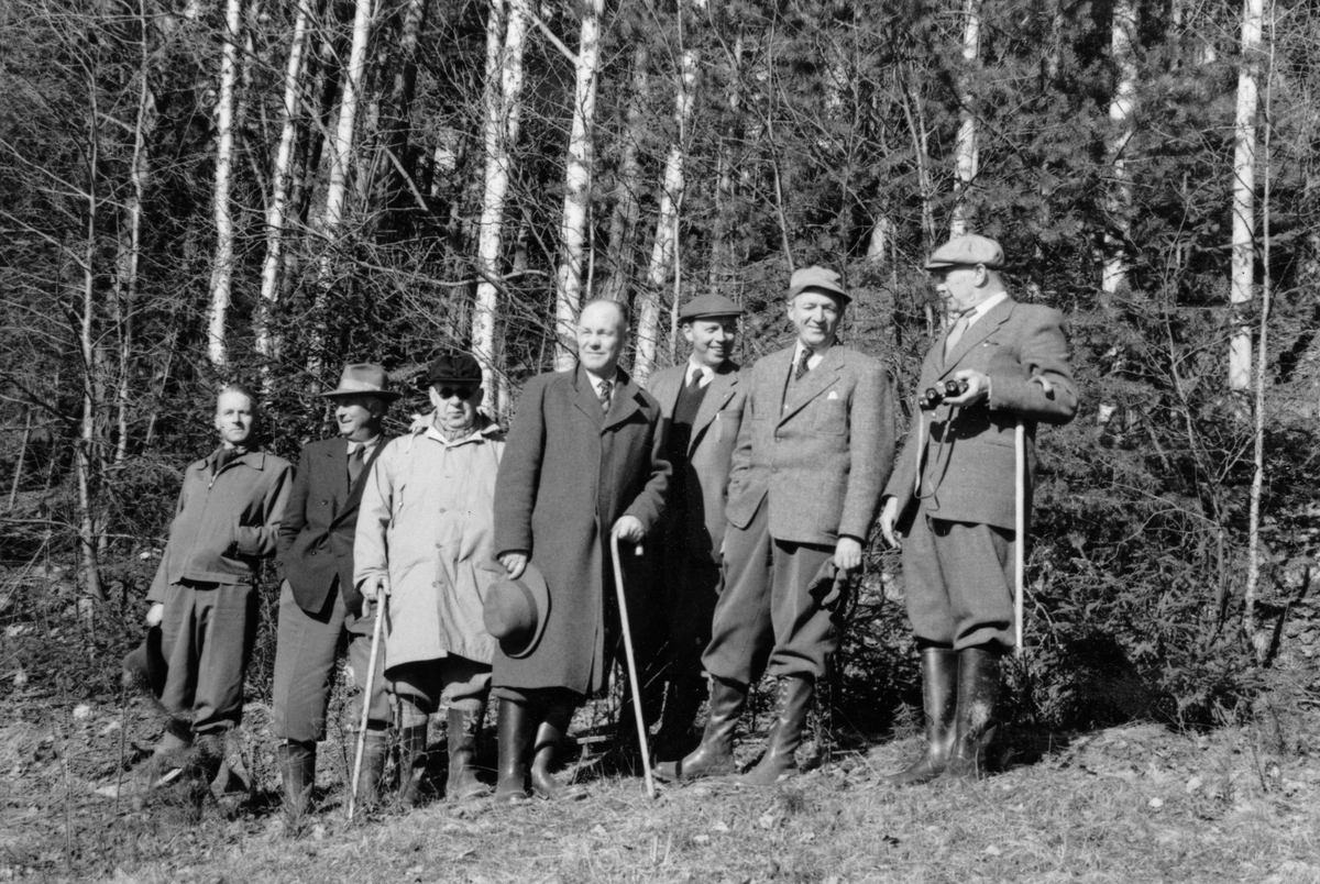 Styret i Glomma fellesfløtingsforening, fotografert under ei befaring langs vassdraget i mai 1959. Bildet viser sju godt voksne menn som var oppstilt for fotografering i en elveskråning, framfor en bjørkedominert skogkant. Mennene er Tollef O. Mykleby (1912-1987), Lars Hansen (1904-1964), Nils E. Opsahl (1884-1962), tømmersjef Sven S. Bugge (1901-1965), fløtingsinspektør Sverre Hollum (1908-1986), Terje Braaten (1897-1989) og Thor Smitt-Amundsen (1895-1969).