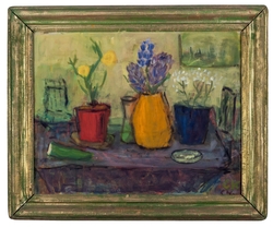Bord med krukor och gurka [Oljemålning]