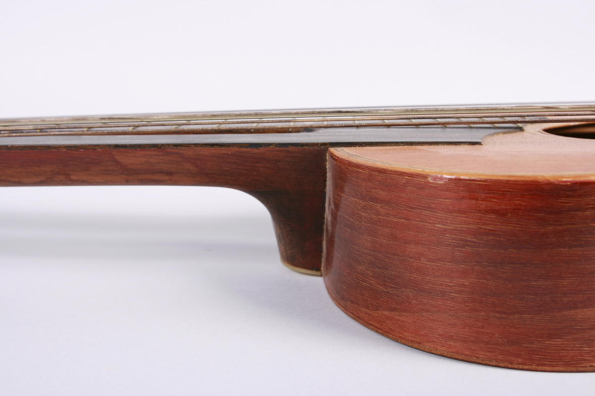 Gitar med dobbel hals. En hals med bånd og 6 strenger, 6 løssvingende strenger ved den andre halsen.