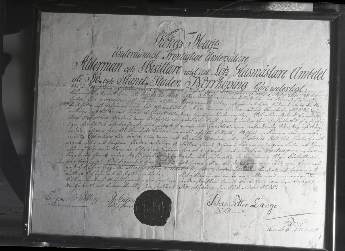 Mästarbrev 1805, glasmästare Anders Scherdin.