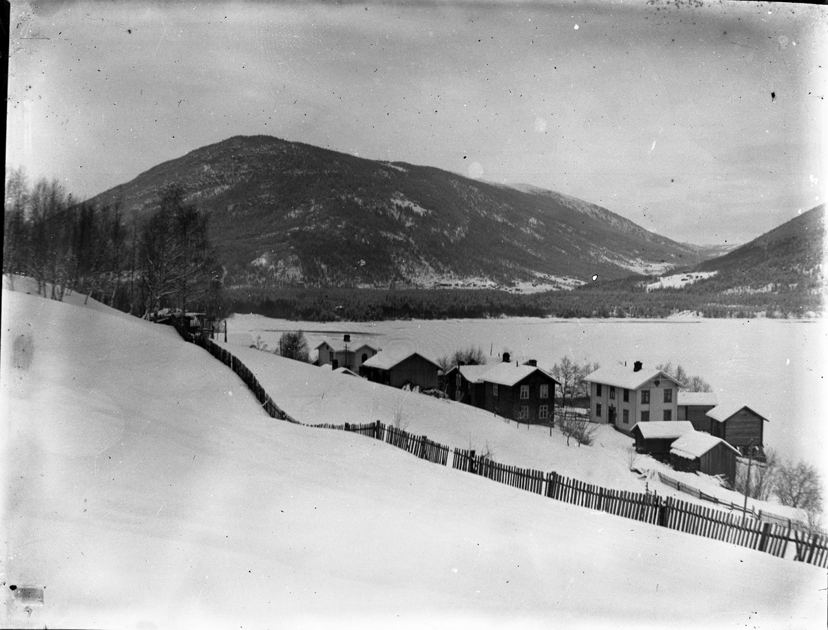 Fotosamling etter Bendik Ketilson Taraldlien (1863-1951) Fyresdal. Gårdbruker, fotograf og skogbruksmann. Fotosamlingen etter fotograf Taraldlien dokumenterer områdene Fyresdal og omegn. 
Landskap med gårder fra Sigurdsrud i Atrå, Tinn