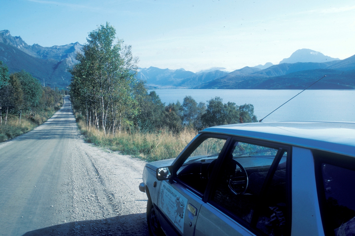 Meløy, 1983 : En grusvei går langs fjorden. Fotografens bil, med logoen til Norsk skogbruksmuseum, står parkert i veikanten.