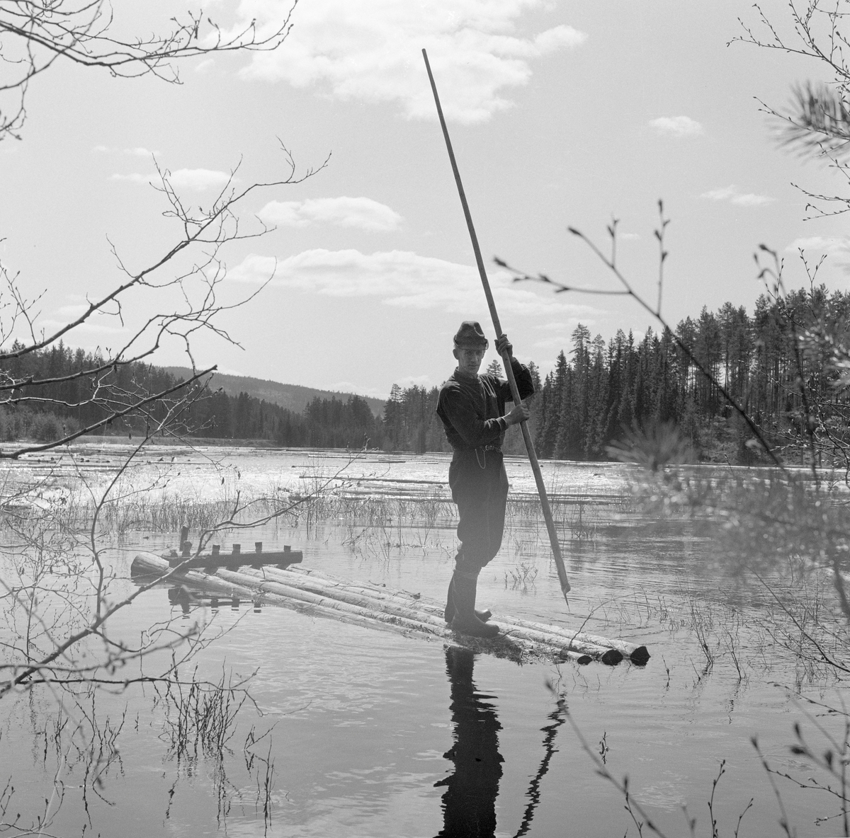 Tømmerflåte på Malungstjennet i nærheten av utløpet av tømmerrenna. Romedal, Stange, Hedmark.