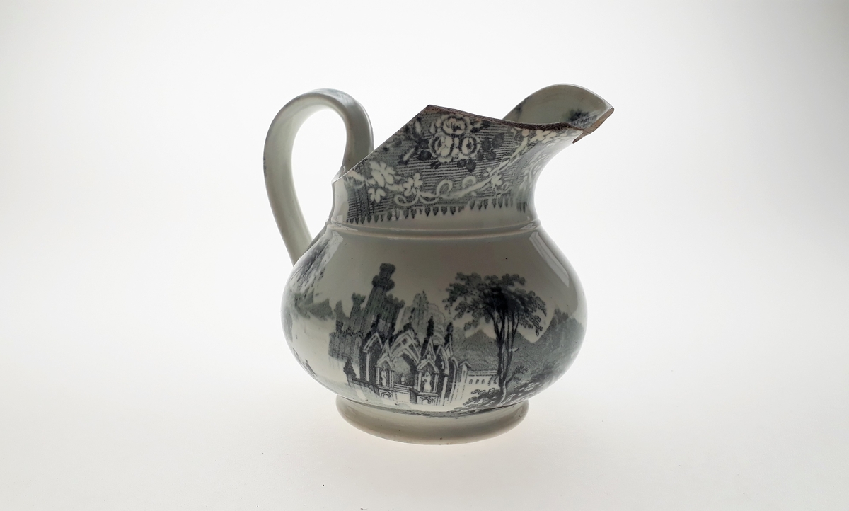 Blomster, landskapsscene, mennesker og bygninger