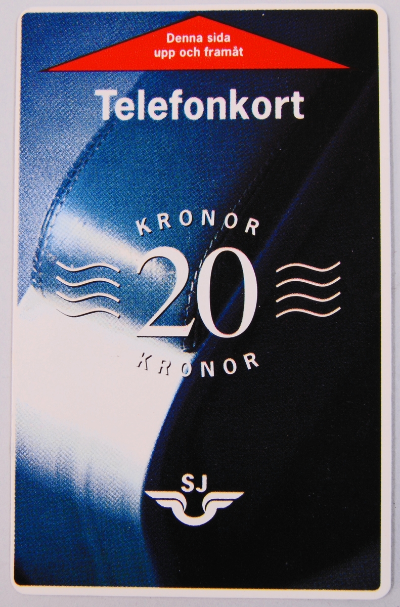 Rektangulärt kort av hårdare papper, på ena sidan med tryckt text på en bakgrund av ett fotografi föreställande en del av ett tågsäte. Text: "Telefonkort 20 kronor" tillsammans med SJ:s logotyp. På baksidan en magnetremsa som en automat kan läsa av. Kortet stoppas in i en telefonautomat som känner av hur stort belopp som finns på kortet och utifrån det betämmer hur långt ett samtal kan bli.