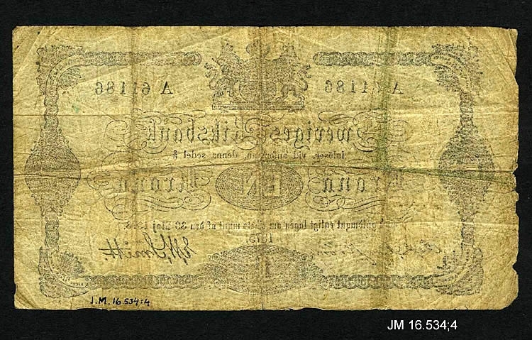 Sedel av papper, 1 krona 1875. Oskar II, utgiven av Sveriges Riksbank, Stockholm. JM 16534:4 a-f (6 st sedlar).