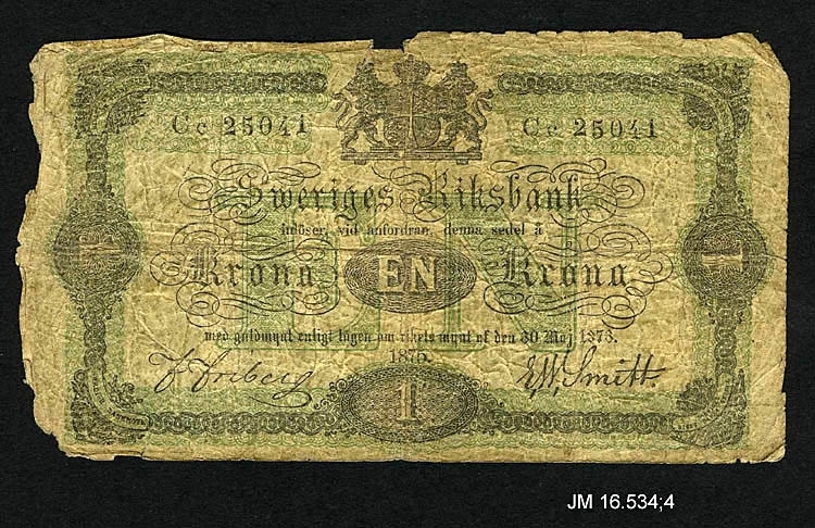 Sedel av papper, 1 krona 1875. Oskar II, utgiven av Sveriges Riksbank, Stockholm. JM 16534:4 a-f (6 st sedlar).