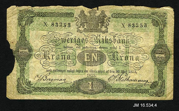 Sedel av papper, 1 krona 1875. Oskar II, utgiven av Sveriges Riksbank, Stockholm. JM 16534:4 a-f (6 st sedlar).