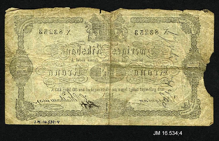 Sedel av papper, 1 krona 1875. Oskar II, utgiven av Sveriges Riksbank, Stockholm. JM 16534:4 a-f (6 st sedlar).