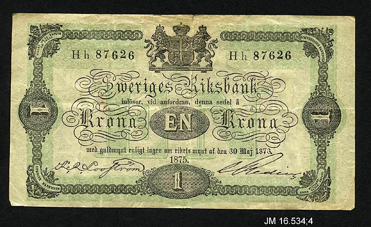 Sedel av papper, 1 krona 1875. Oskar II, utgiven av Sveriges Riksbank, Stockholm. JM 16534:4 a-f (6 st sedlar).