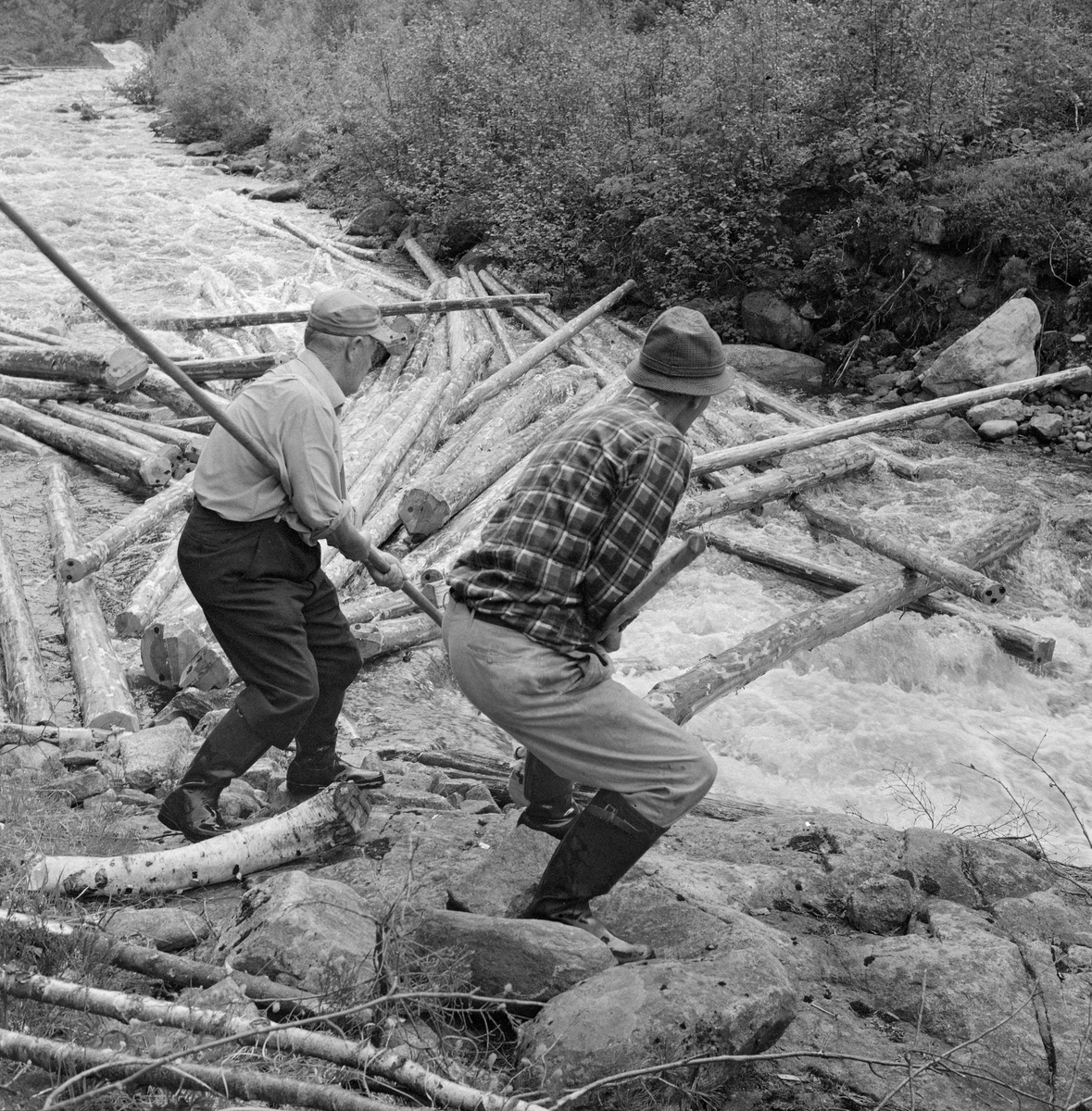 Fløting i Fiskåna, Åmli, Aust-Agder. Arendalsvassdraget.