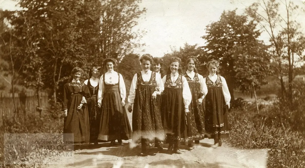 Tre kvinner i telemarksbunad og fem i hallingdalsbunad (Hulda Garborgbunad). Klara Semb i hallingbunad, ei i aust-telemarksbunad, ei i vest-telemarksbunad og ei i beltestakk.