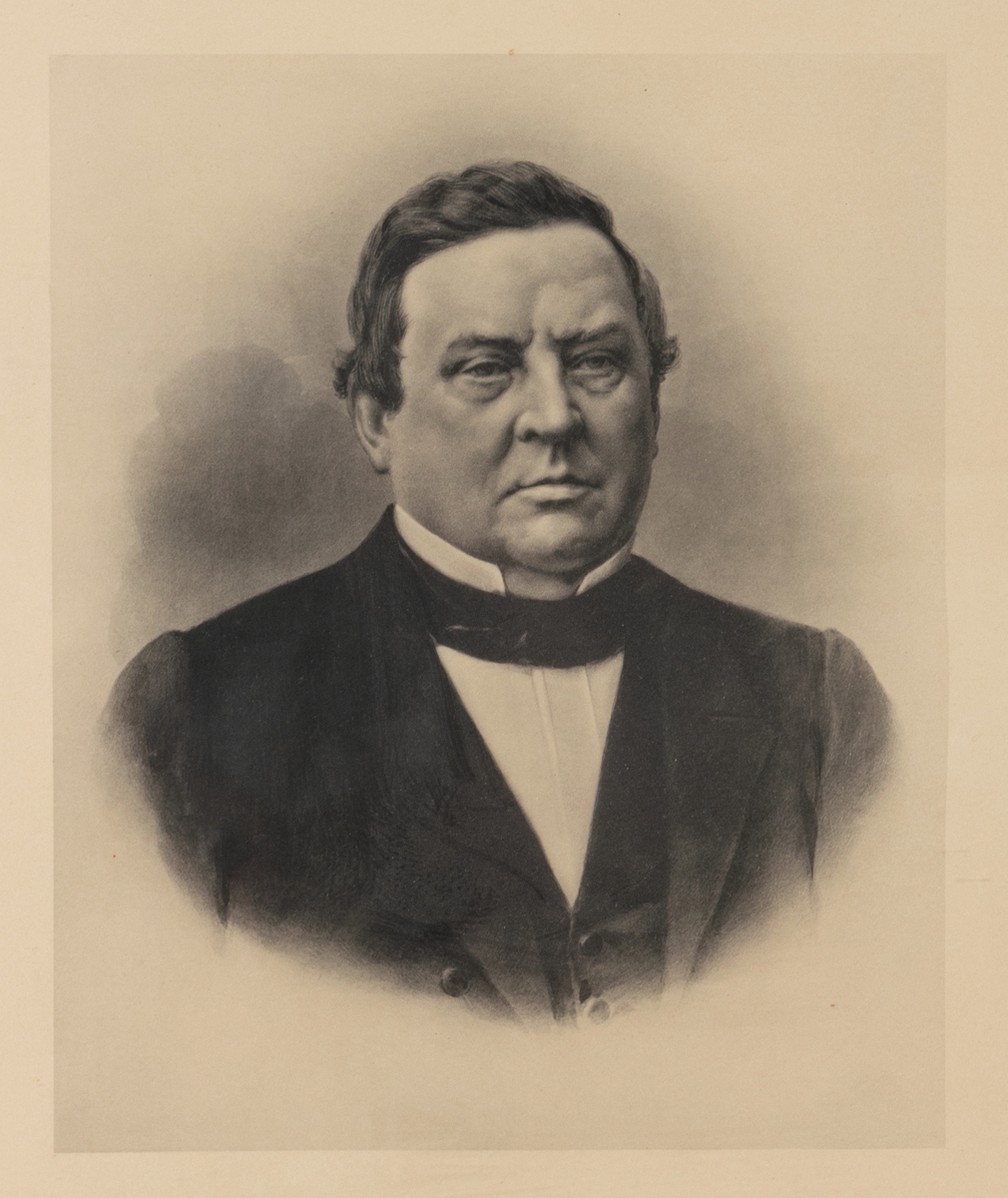 Porträtt, ljustryck, föreställande rektor J Selggren. Mahognyfärgad ram av trä.