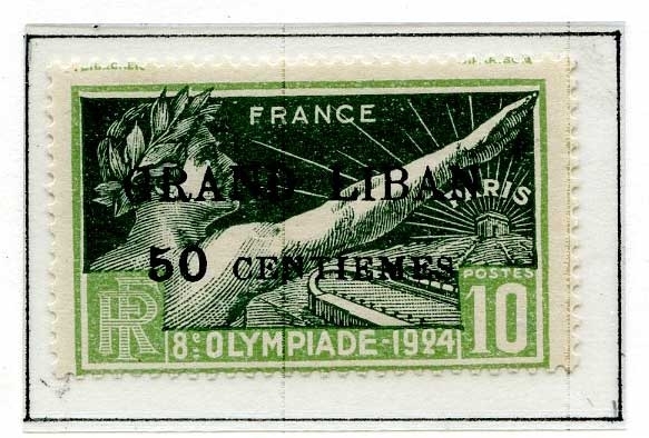 Åtte frimerker fra Sommer-OL i Paris i 1924 montert på en albumside. Det er fire ulike frimerker - to av hvert motiv og farge. Frimerkene er alle stemplet GRAND LIBAN og en annen verdi enn den som er angitt på frimerket.
