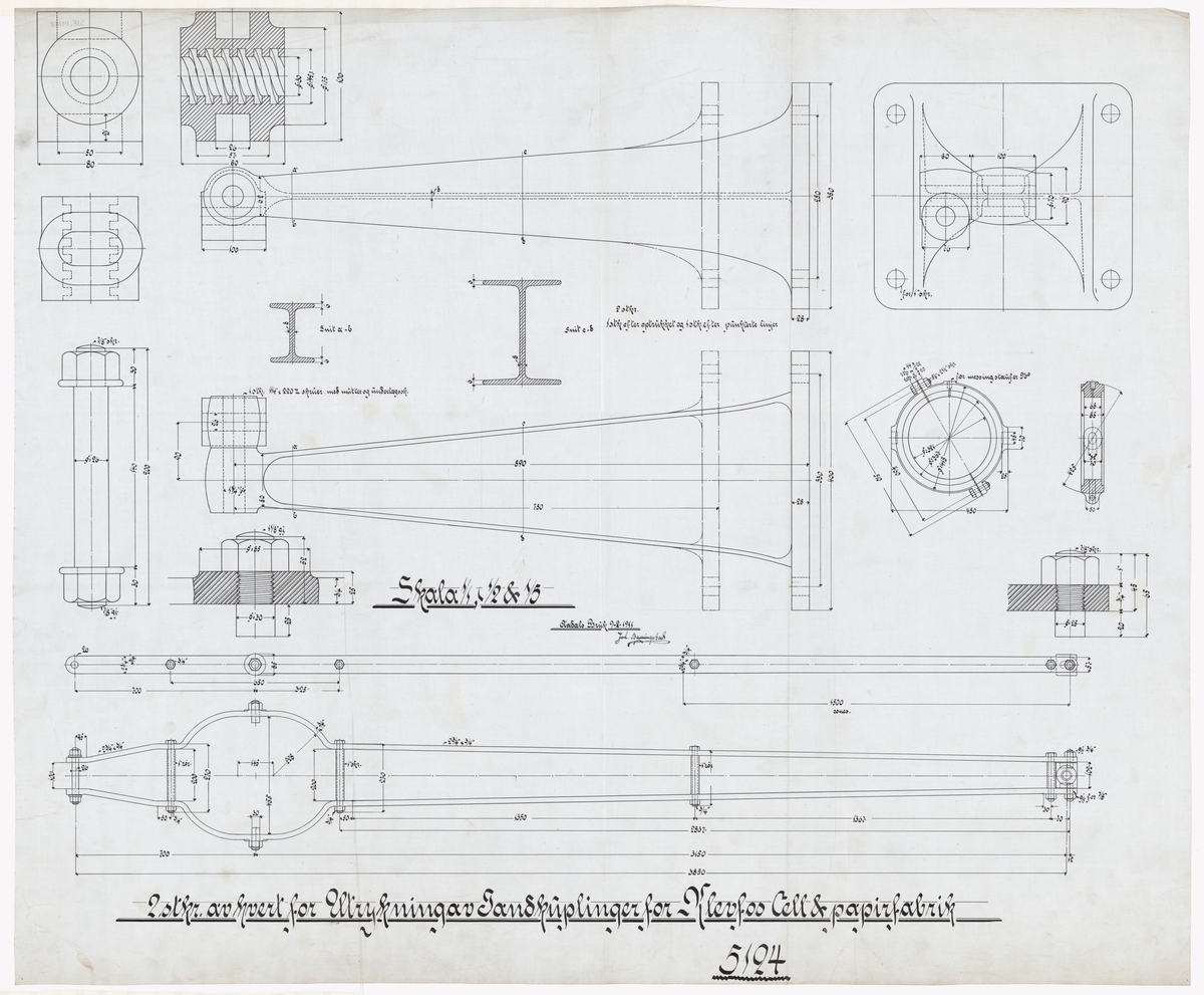 Tegning, teknisk tegning, driftsmateriell, utstyr til A/S Klevfos Cellulose- & Papirfabrik.

