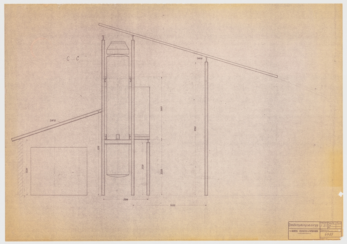 Tegning, bygningstegning, A/S Klevfos Cellulose- & Papirfabrik. Enderiss av inndampingsanlegg (informasjon fra vedhengt lapp).