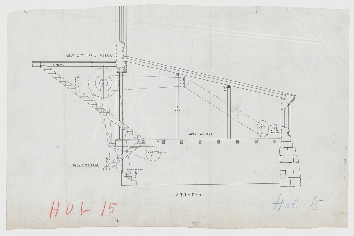 Tegning, bygningstegning, A/S Klevfos Cellulose- & Papirfabrik. Trapper i silhus (informasjon fra vedhengt lapp).