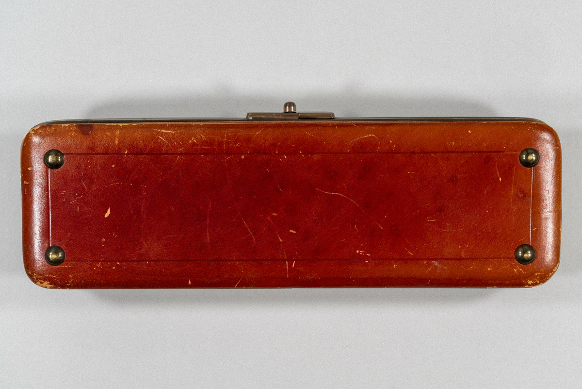 Hanske-etui av skinn, med messingbeslag. Rektangulær form med avrundede hjørner og bunn med belgkonstruksjon. Elfenbens'pren' eller hanskeutvidelsesverktøy med utskjæringer. Inneholder et par hvite, ubrukte skinnhansker med tre knapper på innsiden av håndleddet. Den høyre hansken er revnet oppå hånden og i sidesømmen på begge sider.
Har tilhørt Sara Fabricius.