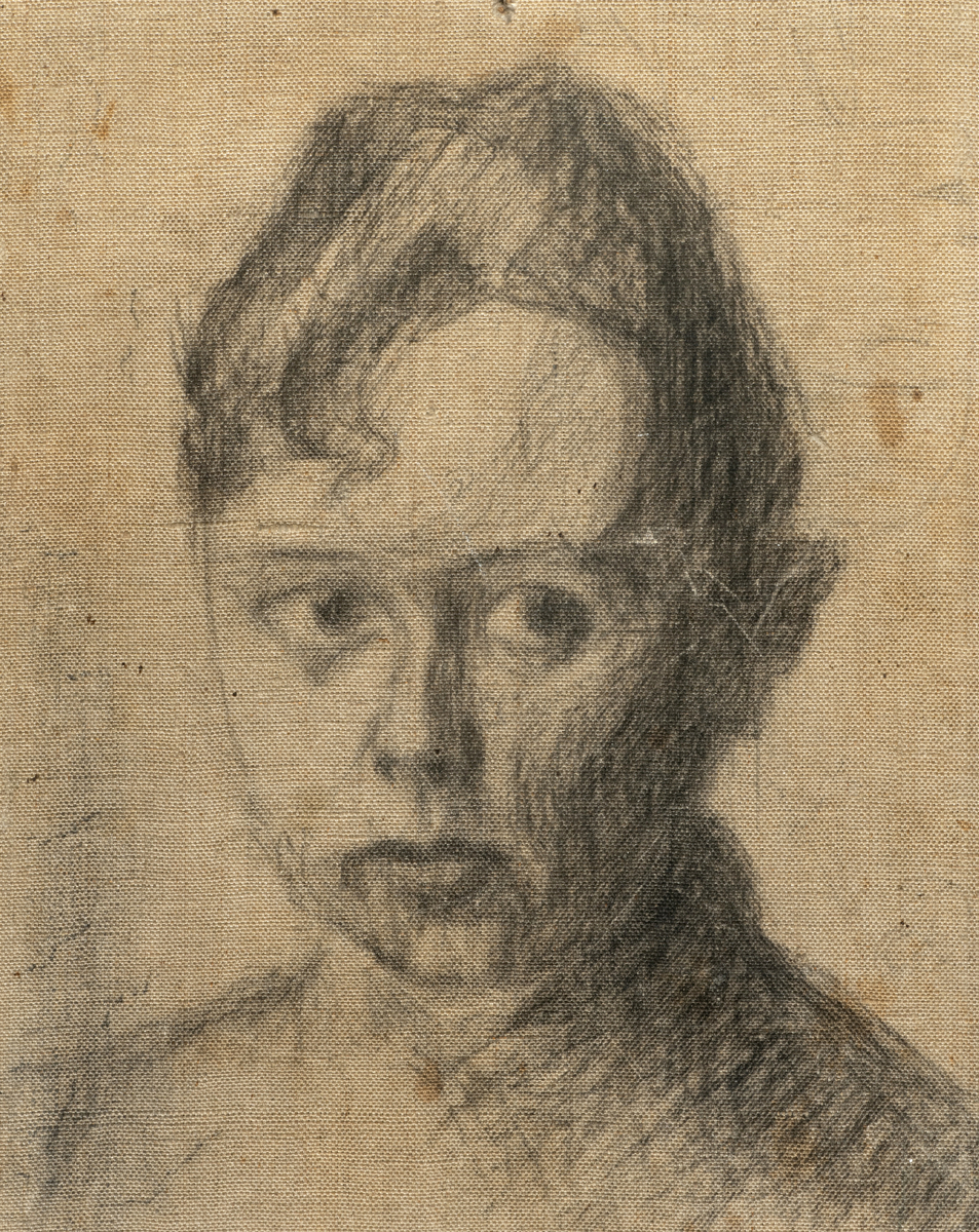 Selvportrett av Sara Fabricius. Utført med kullstift på lerret. 