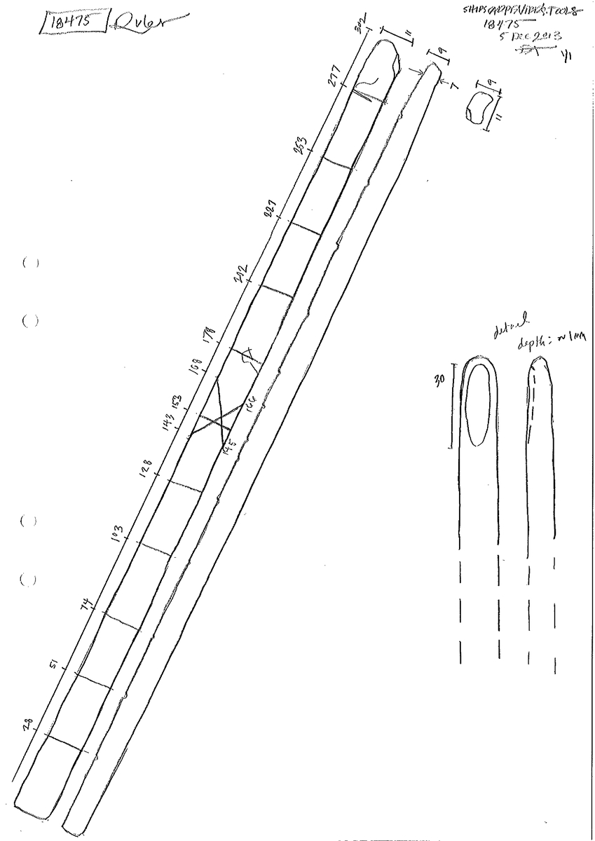 En tumstock av trä.

Tumstocken är försedd med elva inristade skåror som markerar tolv tum. På den mittersta skåran finns ett inristat kryss. Ytterligare ett kryss, dock något mindre, har ristats in vid skåran närmast mittskåran.

Tumstocken är i gott skick.

För mer information se Dokumentationsblankett under Referenser – Länkade filer.