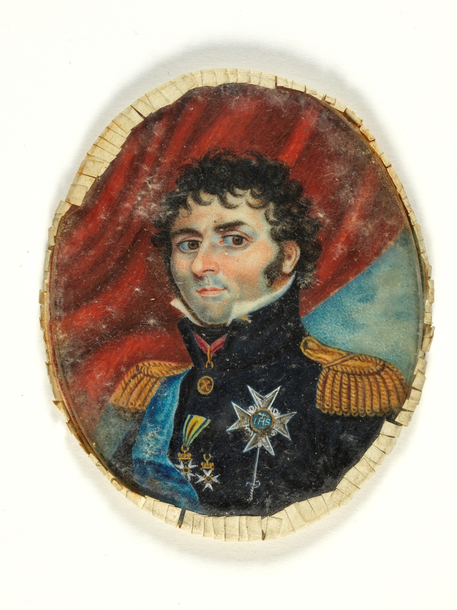 Brystbilde av Karl Johan i svart uniform med epåletter.