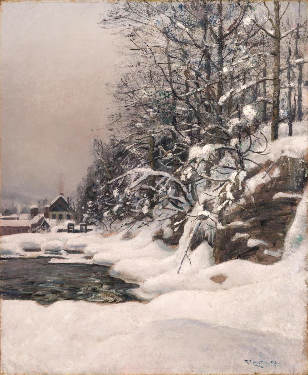 Oljemaleri av vintermotiv, sne, vann, trær og hus i bakgrunnen