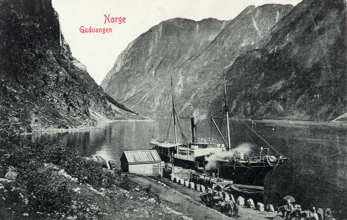 Gudvangen, postkort, brygge,dampskip, fjordlandskap