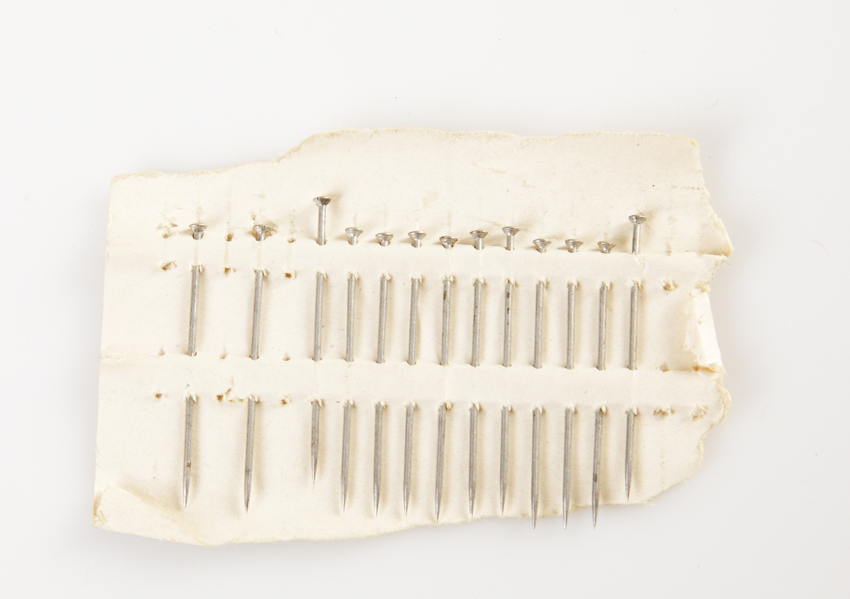 Sytillbehör och diverse ting förvarade i pappkartong. 1) ett måttband, 157 mm långt 2) ett nålark 3) 650 mm lång spets 4) en trådrulle grön silkestråd 5) en trådrulle lila silkestråd 6) en trådrulle brun silkestråd 7) en trådrulle svart bomullstråd 8) en trådrulle svart björntråd, glansig 9) två julmärken från 1926 10) en blyertspenna med suddgummi 11) en blyertspenna 12) en blyertspenna 13) en stålpenna 14) en spole med strumpstoppningsgarn 15) spillbitar av sidensatin 16) en gardindocka vinrött ullgarn 17) Två små vita knappar.

Inskrivet i huvudkatalogen 1997.