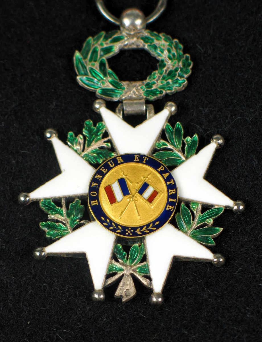 Ordenstegn av gull, sølv og emalje. Bladkrans i hvitt og grønt. I midten et kvinnehode i gull med innskripsjon  på blå bakgrunn. på baksiden to franske flagg i kors. Hempe og rødt bånd i silke. Medaljen ligger i svart eske med gullkant.