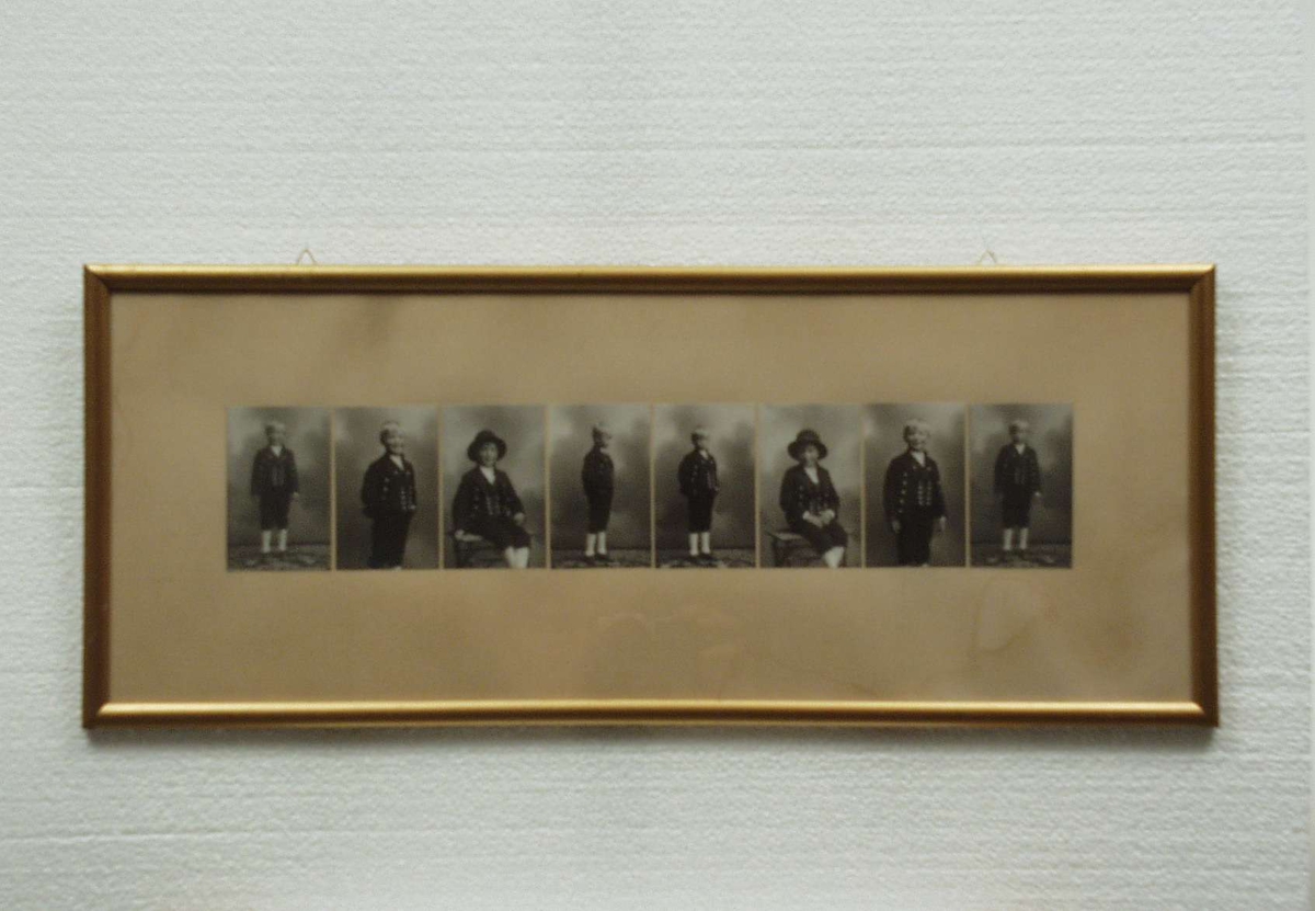 Billedserie med 8 fotografier av Sigrid Undsets sønn Hans Benedict Undset Svarstad som barn, kledd i bunad.