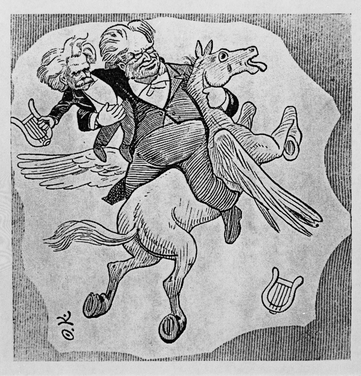 Karikatur, Grieg, Bjørnson, hest,