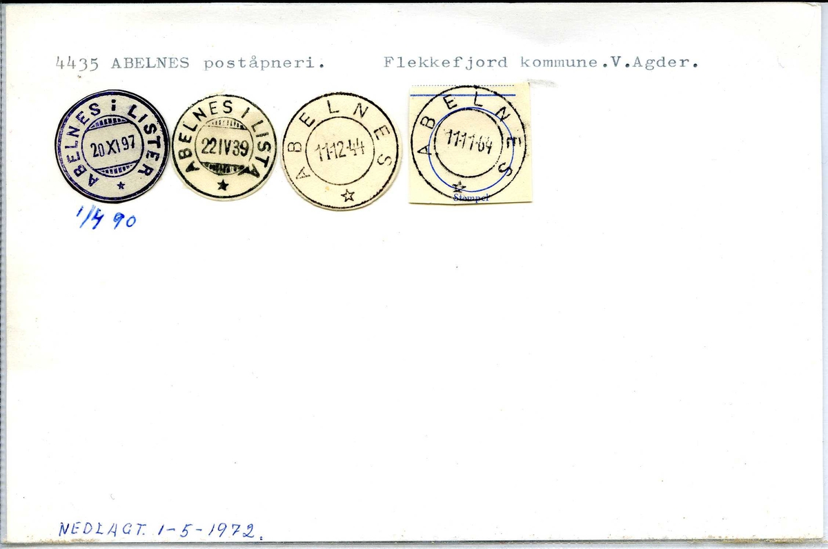 Stempelkatalog, Abelnes poståpneri, Flekkefjord kommune, Vest-Agder, nedlagt 1.5.1972