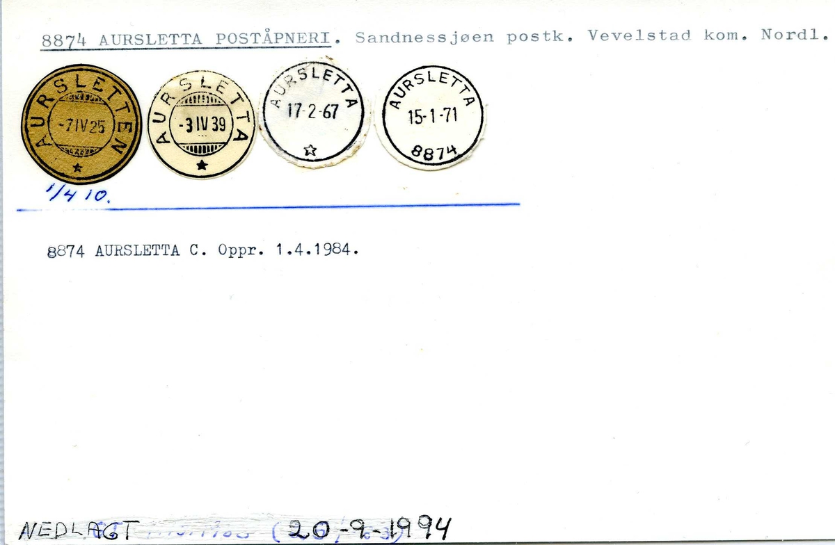 Stempelkatalog, 8874 Aursletta poståpneri. Sandnessjøen postkontor. Vevelstad kommune. Nordland.