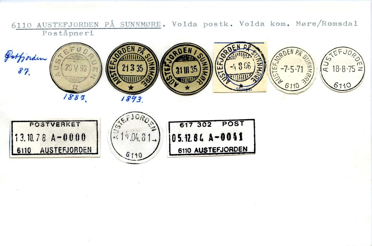 Stempelkatalog, 6110 Austefjorden på Sunnmøre. Volda postkontor. Volda kommune. Møre og Romsdal.