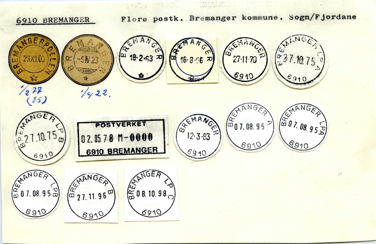 Stempelkatalog, 6910 Bremanger, (Bremangerpollen), Florø, Bremanger, Sogn og Fjordane