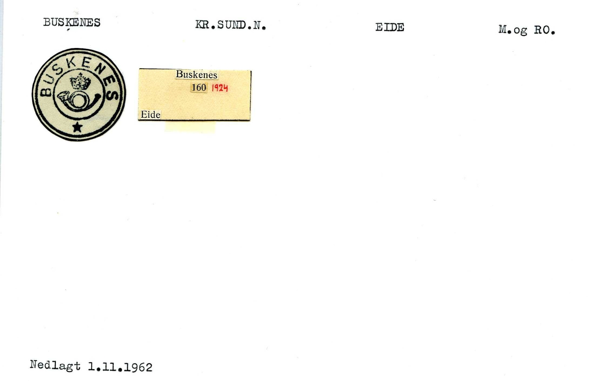 Stempelkatalog, Buskenes. Kristiansund N. postkontor. Eide kommune. Møre og Romsdal fylke.