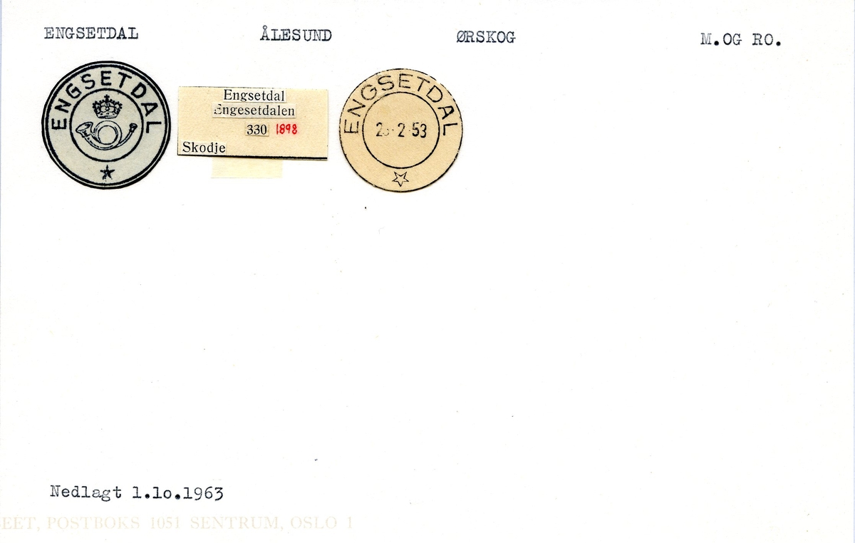 Stempelkatalog. Engsetdal. Ålesund postkontor. Ørskog kommune. Møre og Romsdal fylke.