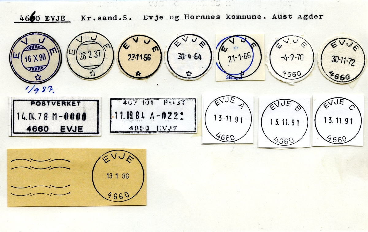 Stempelkatalog. 4660 Evje, Kr.sand, Evje og Hornes komm., Aust-Agder