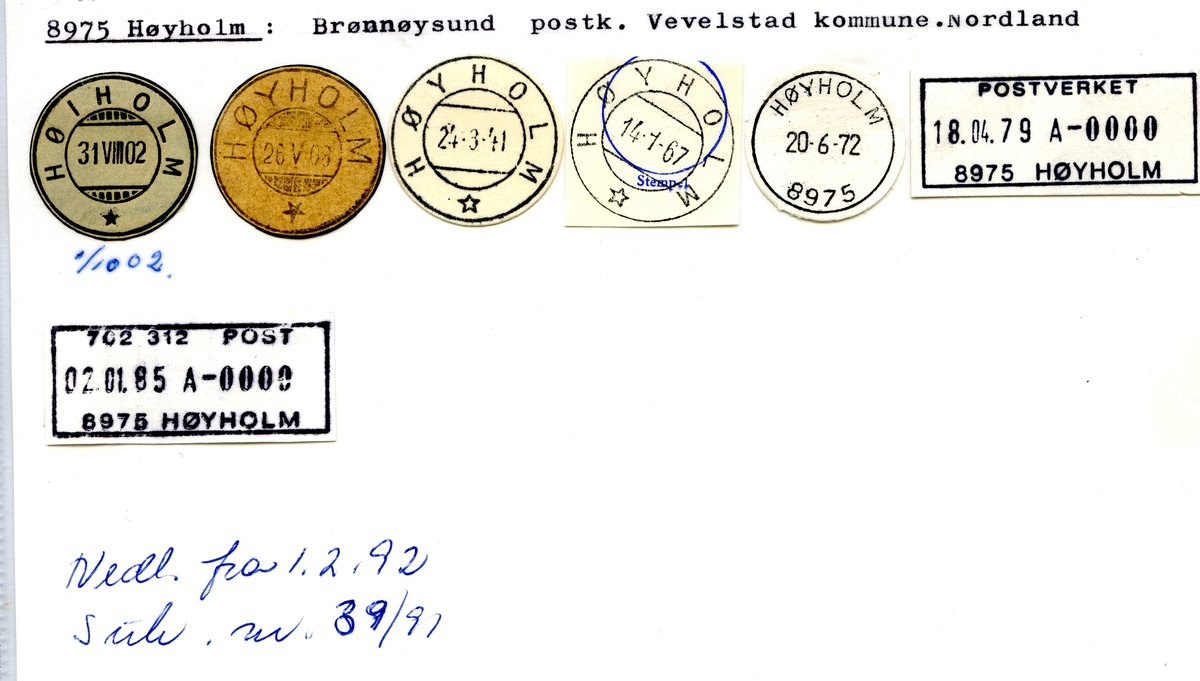 Stempelkatalog. 8975 Høyholm. Brønnøysund postkontor. Vevelstad kommune. Nordland fylke.