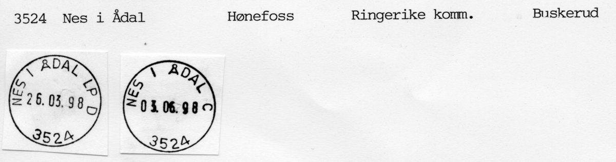 Stempelkatalog  3524 Nes i Ådal (Næs i Aadalen, Nes i Ådalen), Hønefoss, Ringerike, Buskerud