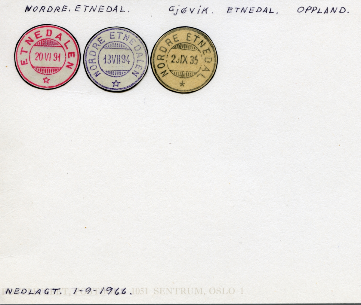 Stempelkatalog. Nordre Etnedal. Gjøvik postkontor. Etnedal kommune. Oppland fylke.