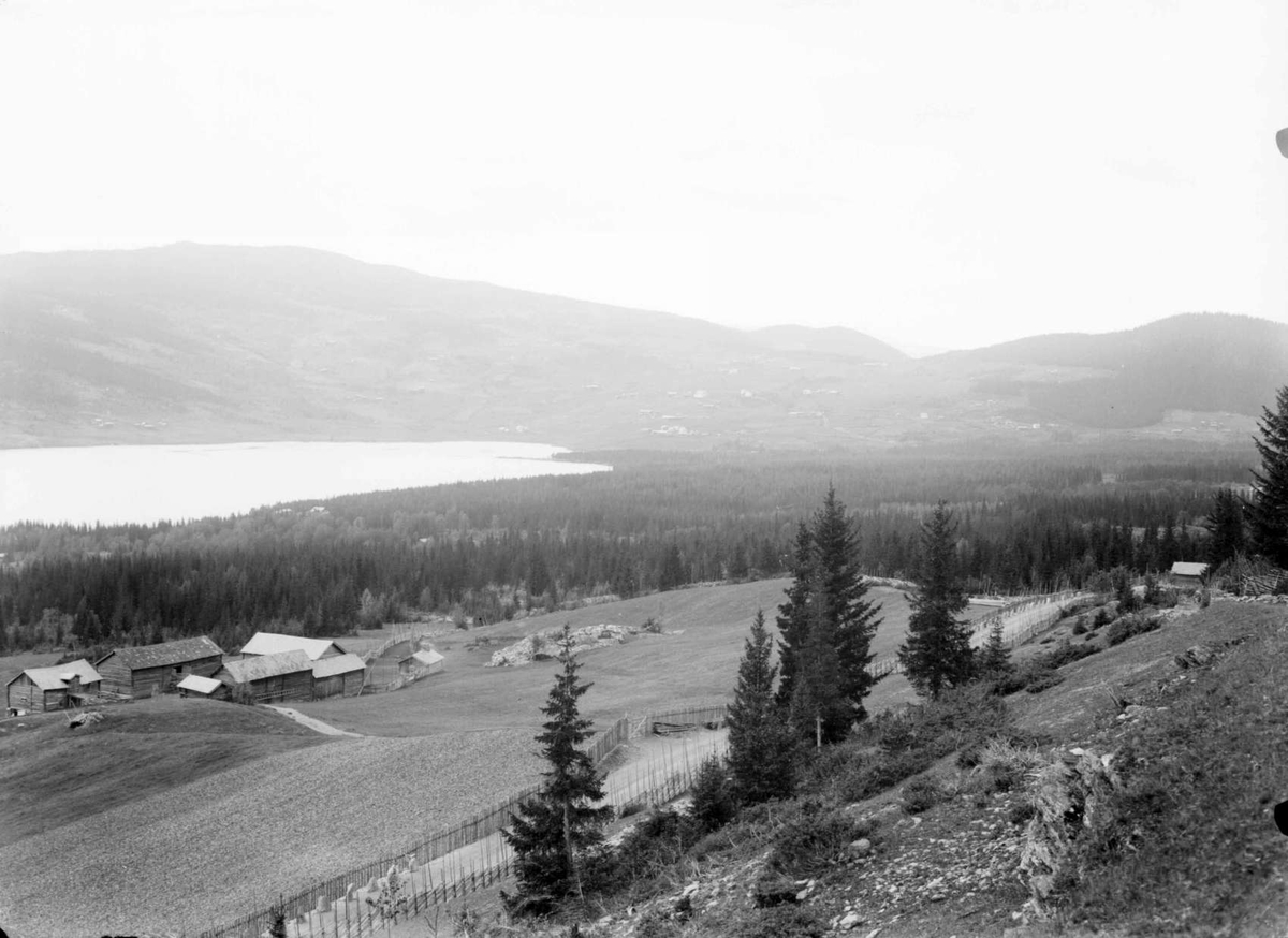 Valdres 22.06.1907 Voldbo settt fra Rogne. Gårdsbygninger, dyrket mark, vann, fjellformasjoner.