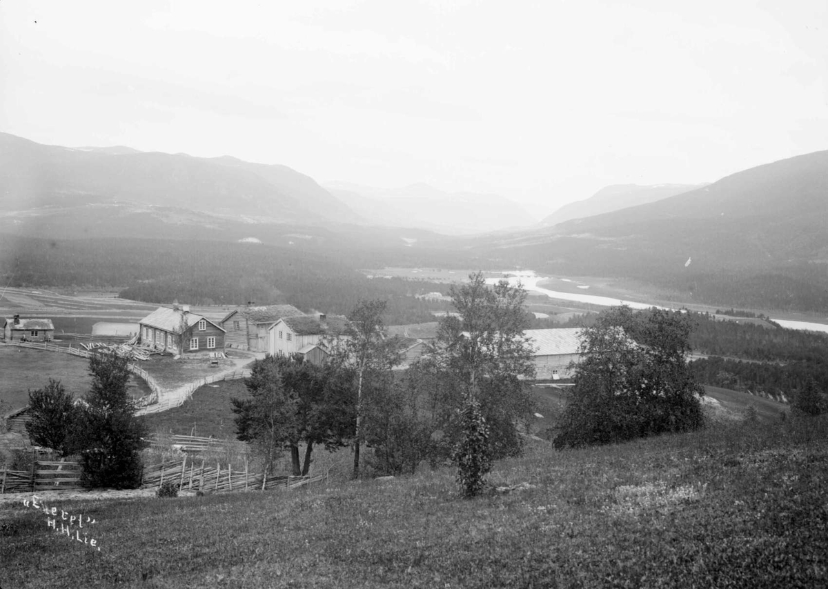 Kort: Lesja 15.06.1908. Utsikt mot syd med Rolstad i forgrunnen. Konv: Utsikt over Lesja mot syd med Rolstad i forgrunnen. Gårdsbygninger, elv, fjellformasjoner