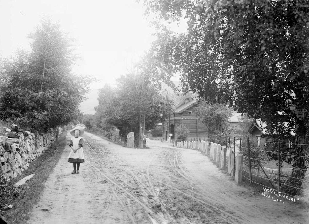 27.07.1908. Vinstra stasjon sett fra nordre nedkjørsel. Bygninger, vei, pike, trær, steinmur        