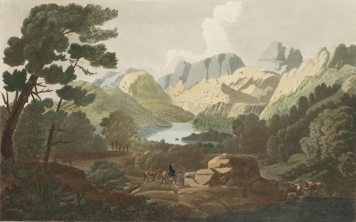 Innsjø, mellom fjell. Rorevannet. I forgr. åpen skogegn m. rytter og to hester, samt kuer i vannkanten. I bakgr. stille vann omgitt av skogkledde åser og høye fjell.