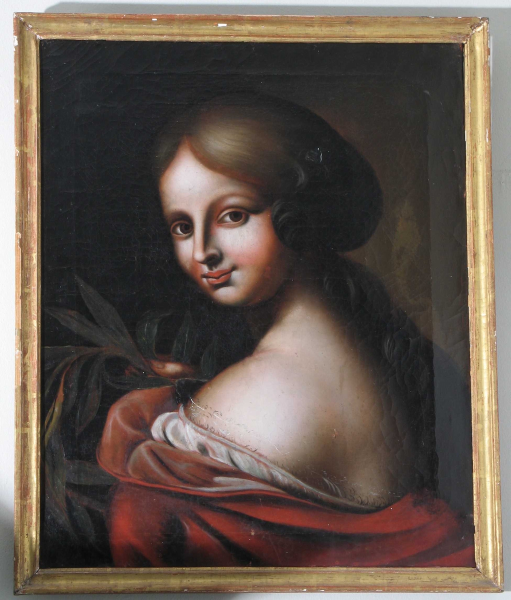 Ung dame med laurbærgren. "Laura". Brystbilde (skulderbilde), av ung kvinne med ryggen til, snur seg over skulderen mot tilskueren. Skulder og rygg naken, rød kappe foret m. blekræd silke over rygg og overarm, en hvit chemise kantet m. smal fin knipling kommer til syne. Kvinnen har skill i midten, håret faller tungt ut på sinde av hodet og er samlet bak i nakken, faller fra nakken nedover ryggen. Holder høyre hånd opp for brystet, med en laurbær (palme?)- gren, et udøreligetts - , lærdoms - og seierssymbol. Italiens renessanse prototyp, dette er fransk ell it., evt. eng. utgave fra den akademiske renessansetrad.s siste år omkr. 1790.  Håndverkspreget verkstedarbeide. 