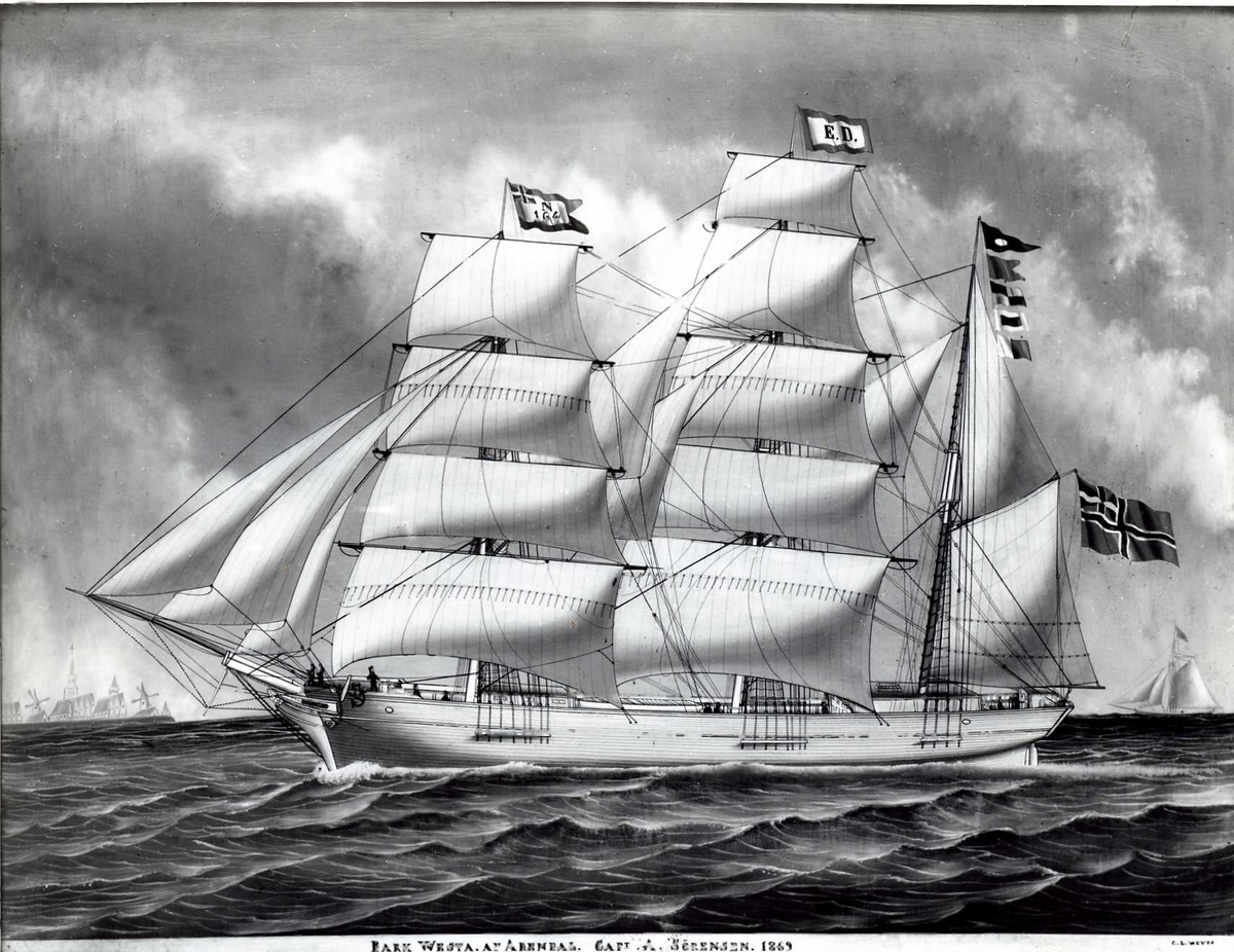 Fartøybilder fra Agder.
 
Navn: Vesta
Kjennetegn: HTSV og N 164
Type: Bark
Bygget 1850 i Arendal
Hjemmehavn: Arendal, reder E. Dedekam
Kilde: Hvite seil 2.04, 3.86
          Veritas: 1868
          Ingemann: 1856
Drektighet: 162 cl
Skuteregistersignatur: 530 og 1855IV164

Bilde 1:
Arkivref: Fartøybilder 83, AAA Neg. nr. 531, jfr. AAM. B. 606
Tekst: "Vesta" af Arendal. Capt. A. Christiansen. . Foto stemplet Selmer Norland & Co, Arendal.
Opprinnelig filreferanse i eDepoet: F0121_Fartøybilder-SMW_090507\VESTA BARK SELMER259.tif

Bilde 2:
Arkivref: Fartøybilder 83
Opprinnelig filreferanse i eDepoet: F0121_Fartøybilder-SMW_090507\VESTA BRIGG261.tif

Bilde 3:
Arkivref: Fartøybilder 83, AAA Neg. nr. 1562
Tekst: Bark "Westa" af Arendal. Capt. A. Sörensen, 1869. Malt av Carolus Ludovicus Weyts (1828-1876), Antwerpen. Originalen tilhører: Kunstmaler Sigurd Sørensen, Ullevoldsv. 82, Oslo. Foto: O. Væring.
Opprinnelig filreferanse i eDepoet: F0121_Fartøybilder-SMW_090507\VESTA BARK258.tif

