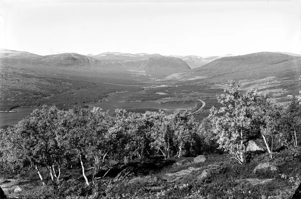 Lesja fra høyden mot Pytteggen..Bildet er teke frå fjellet ovafor Lesjaverk norvestover. Ein ser enden av Lesjaskogsvatnet, litt av Raumabanen og i bakgrunnen Rånåkollen og nokre av gardane i Rånå.